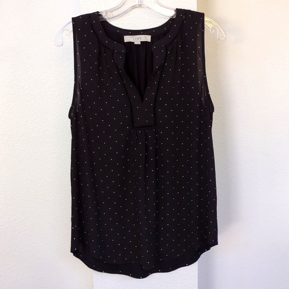 LOFT Black with white dots mixed media blouse, size Small